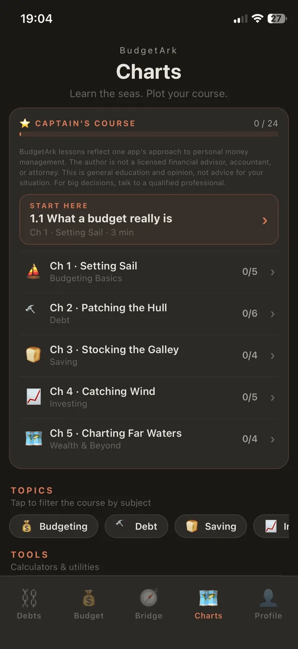 BudgetArk Charts and Course screen