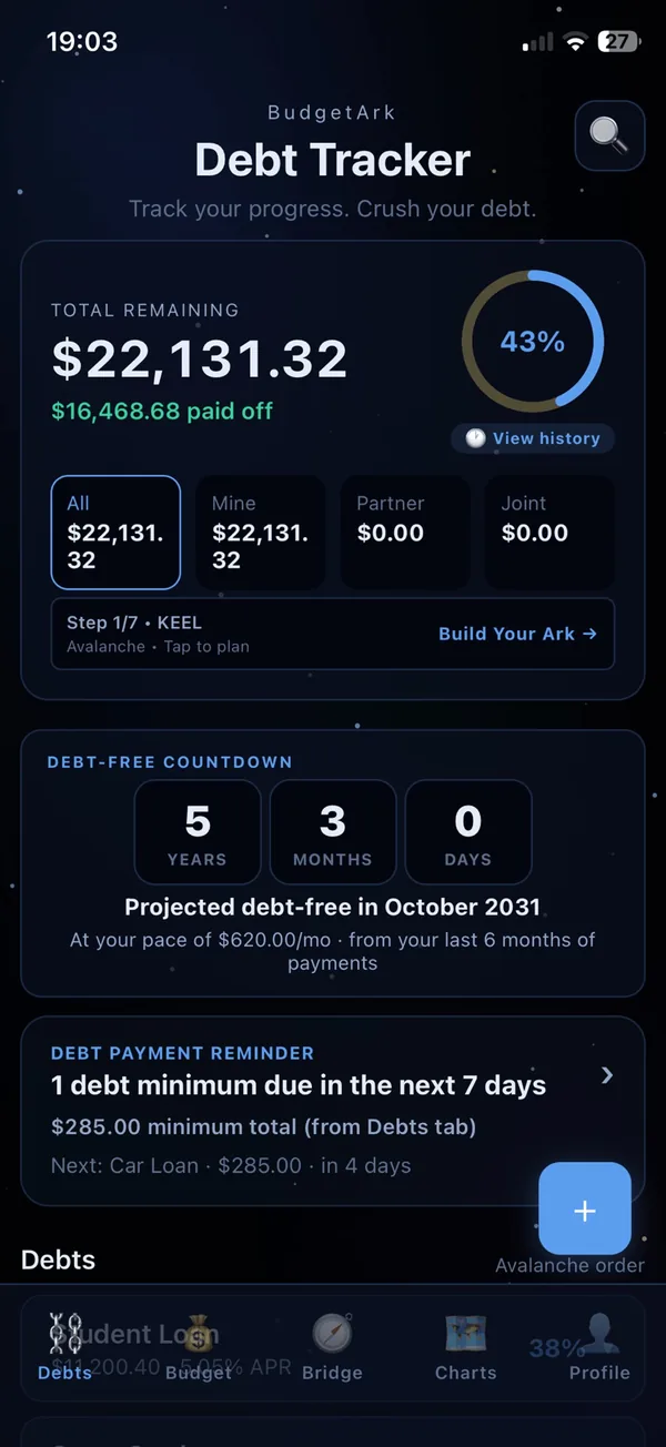 BudgetArk Debt Tracker screen
